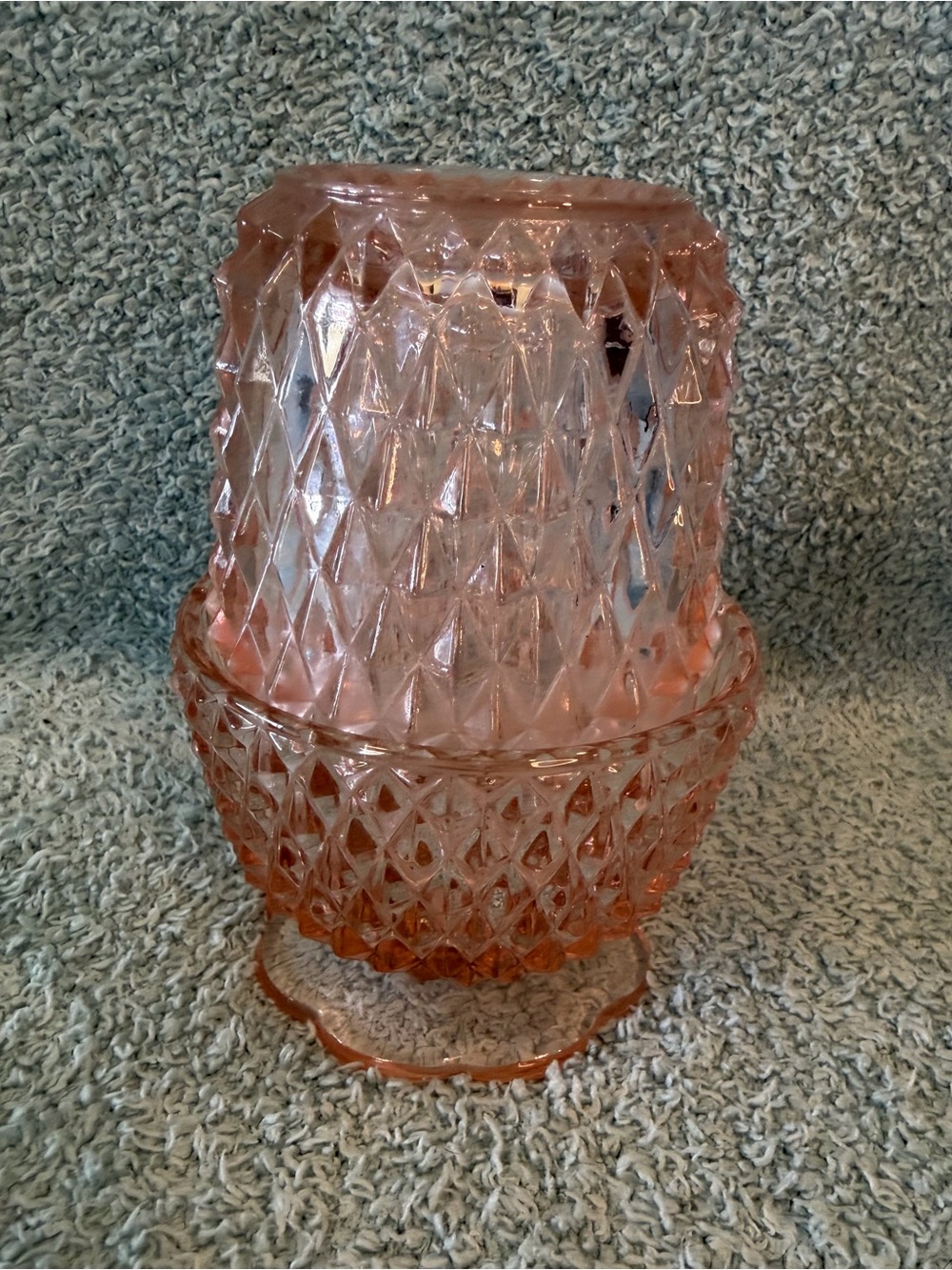 Vintage Diamond Point Indiana Glass Peach Pink Two Piece Fairy Lamp Has Chip